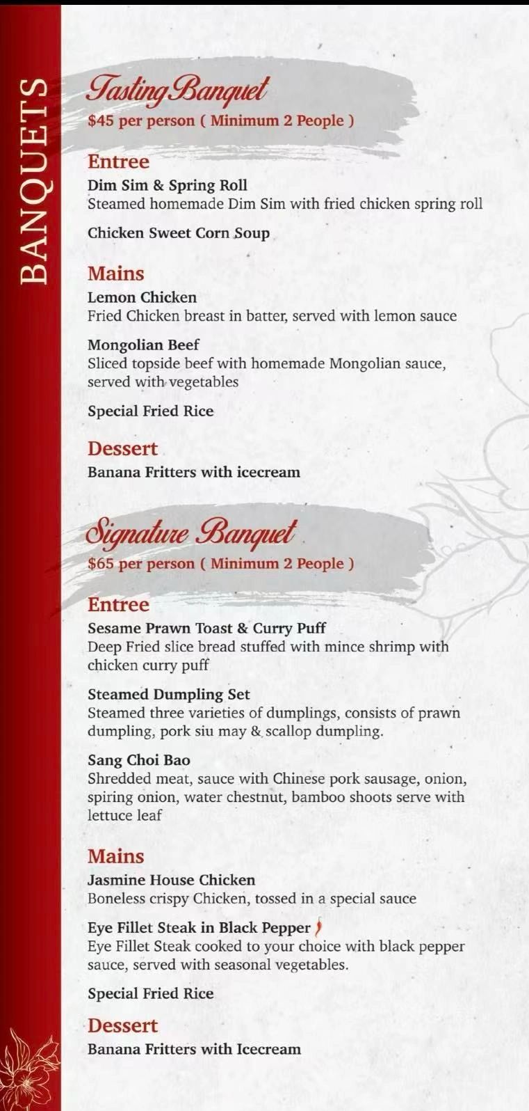 Banquet menu offering Tasting and Signature options with entrees, mains, and desserts for minimum 2 people.