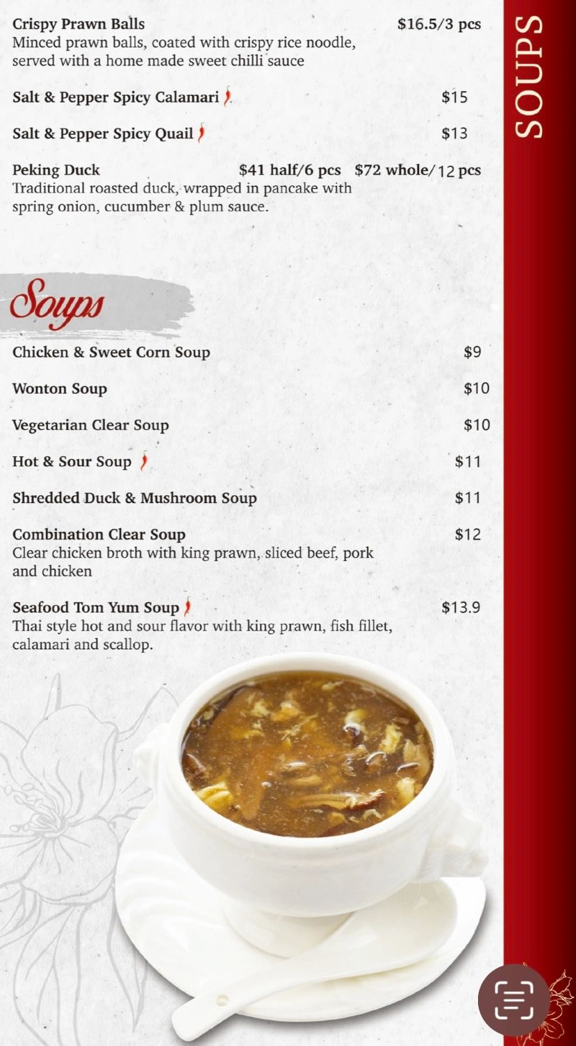 Menu listing crispy prawn balls, spicy seafood, and various soups with prices.