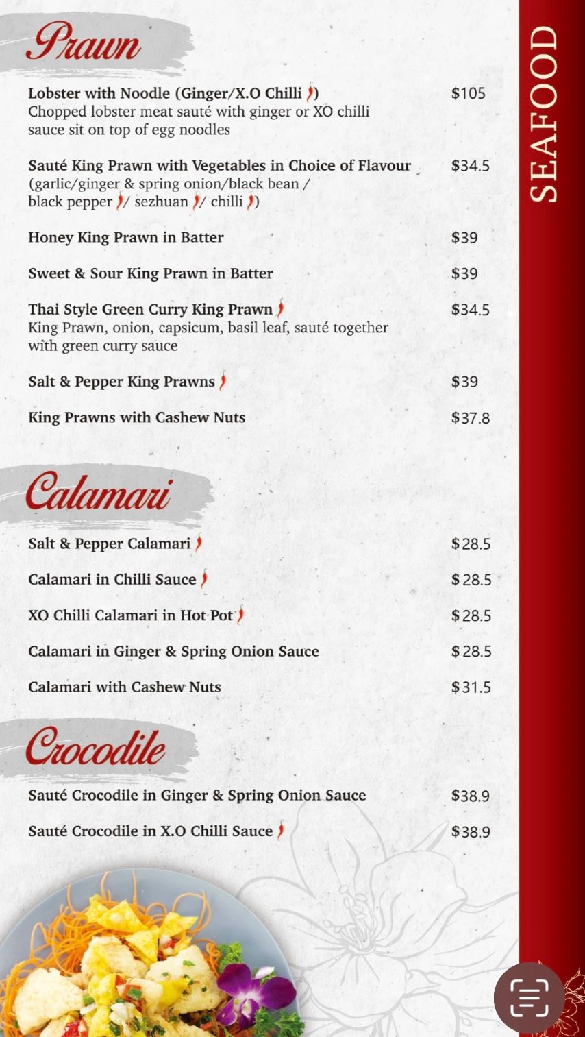 Seafood menu featuring prawn, calamari, and crocodile dishes with various spicy options.