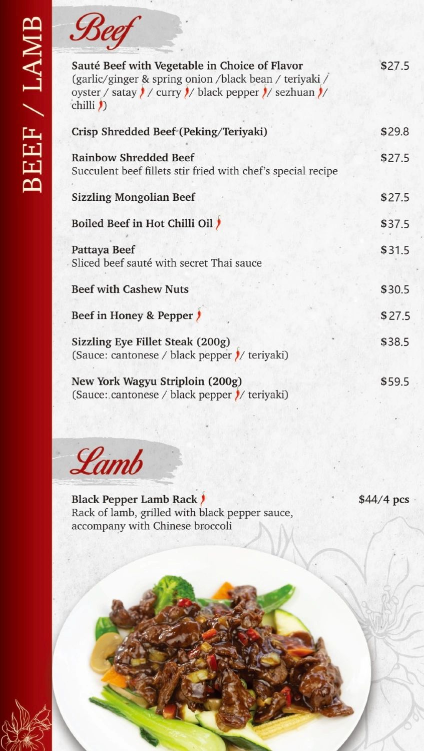 Menu featuring beef and lamb dishes with various flavors and prices.