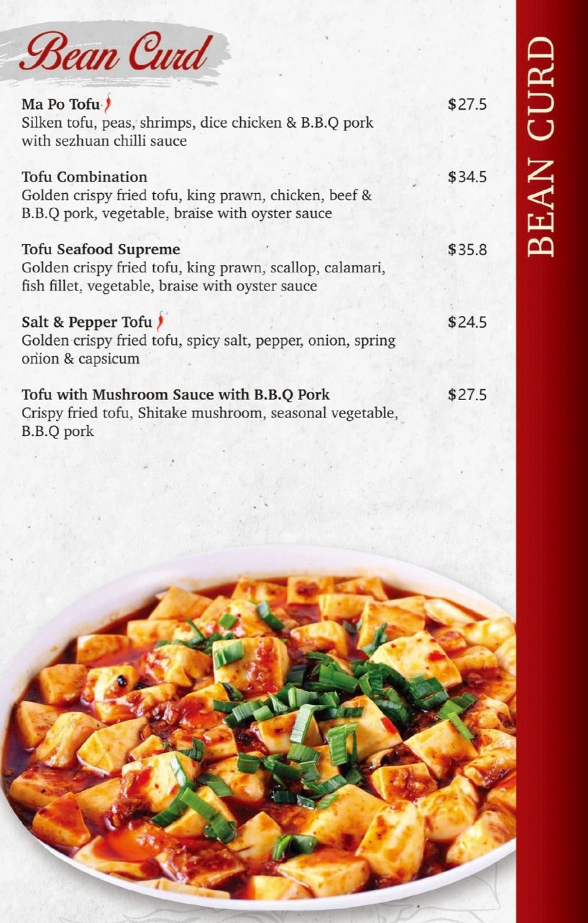 Menu of various bean curd dishes with prices and ingredients listed.
