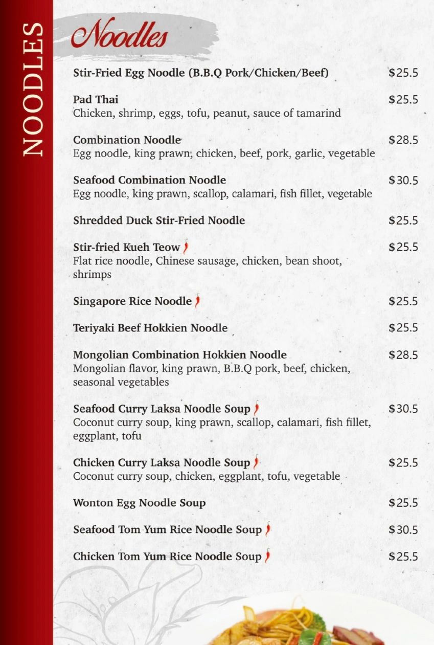 Menu listing various noodle dishes with prices and ingredients.