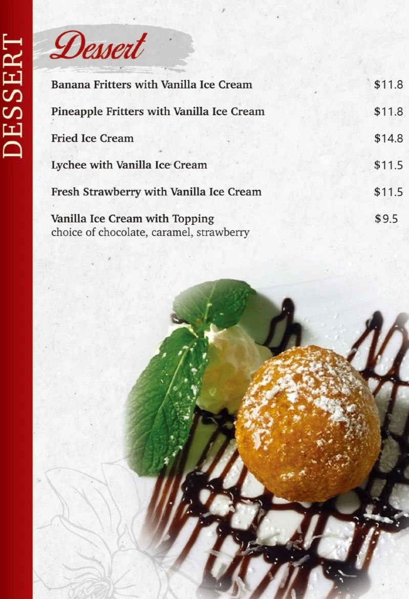 Dessert menu featuring various ice cream and fritter options with prices.