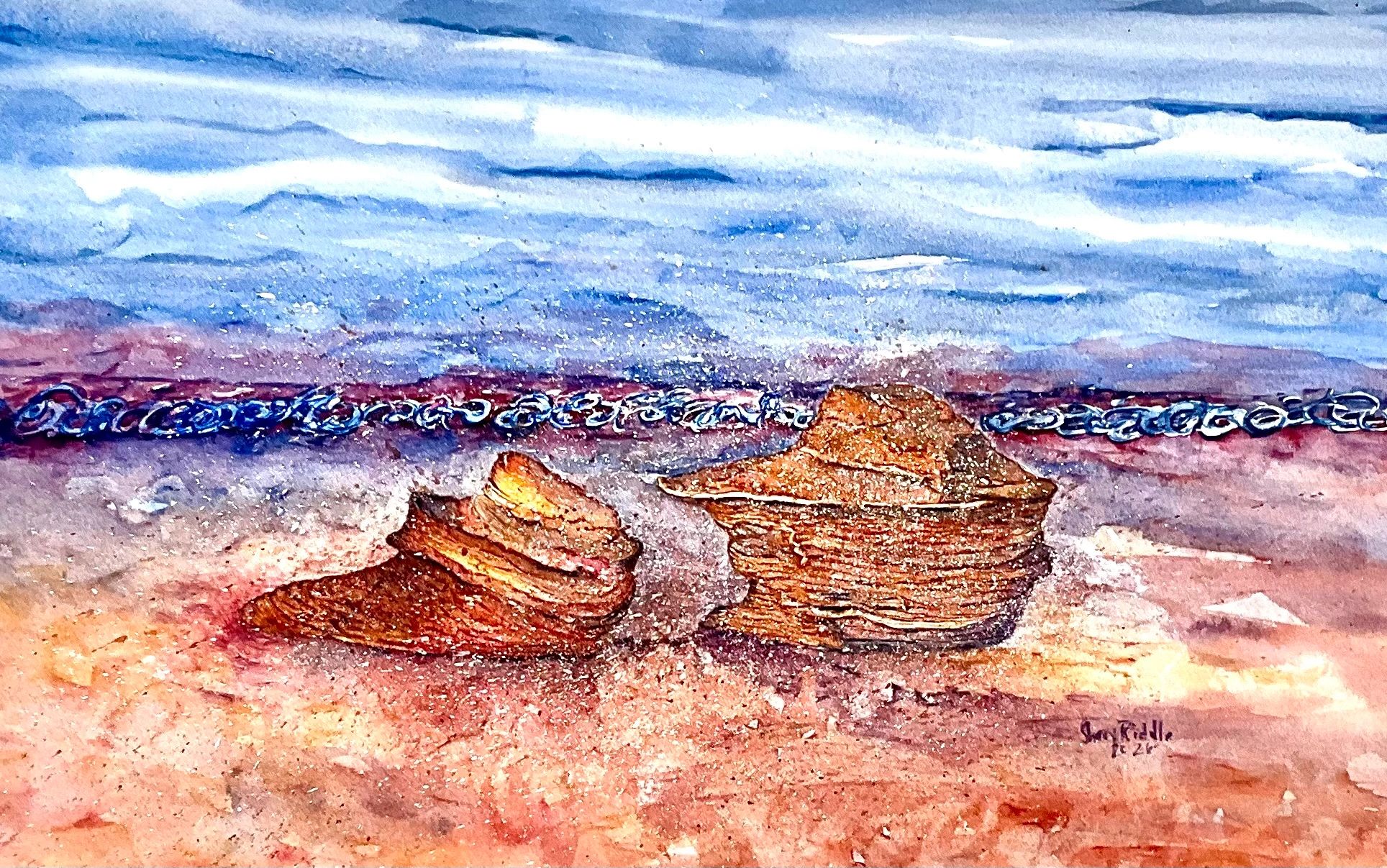 Watercolor painting of conch shells on a beach with a blue sky.