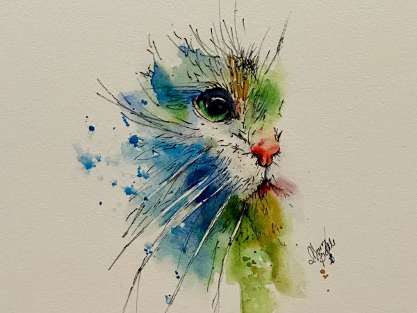 Colorful watercolor painting of a cat's face with abstract splashes.