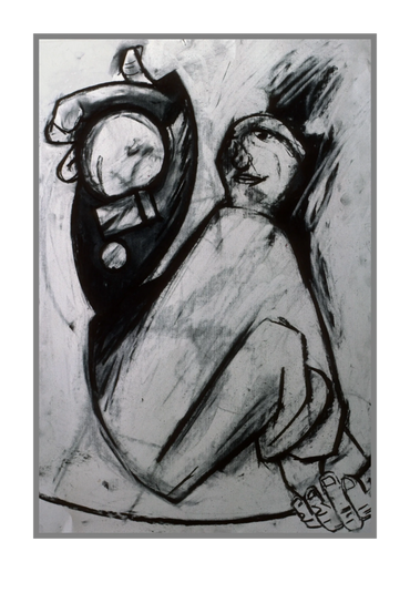 Charcoal drawing of a figure balancing and juggling three objects