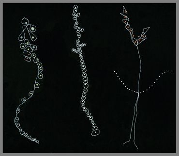 three abstract figures against a black background