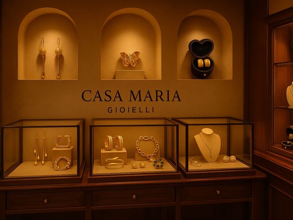 Elegant gold jewelry displayed in a warm, inviting boutique setting.