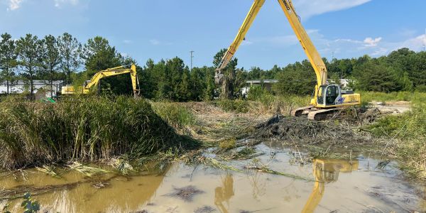 Excavators clearing a wetland area on a sunny day.