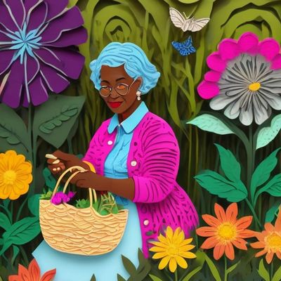 Papercut style image of African American woman sitting and picking flowers in her garden
