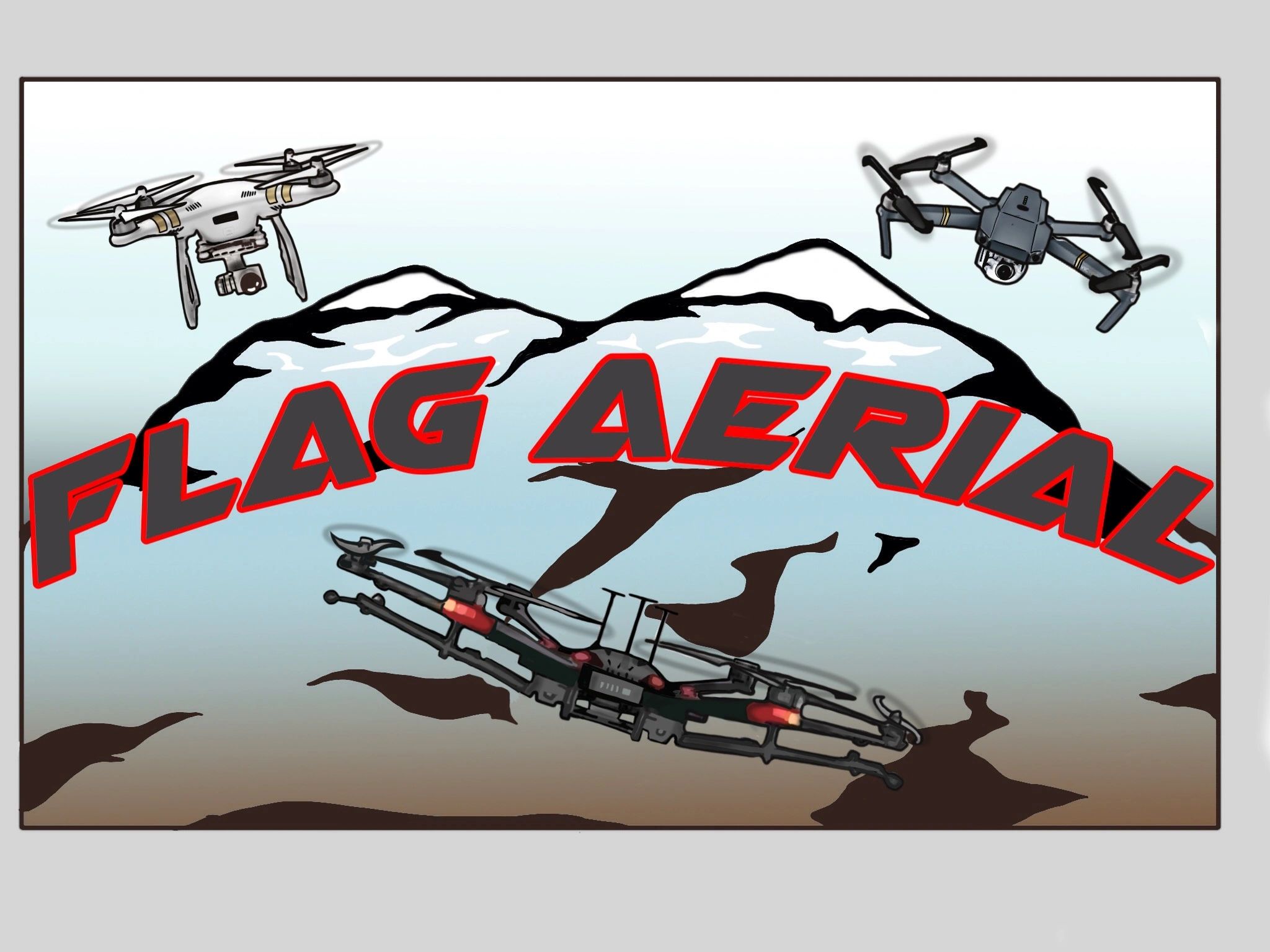 Logo featuring three drones flying over a mountain with 'Flag Aerial' text.