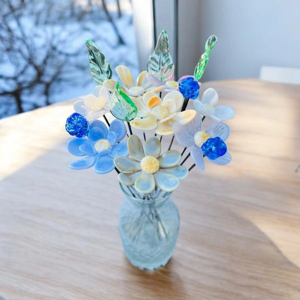 Blue and Cream glass flower bouquet