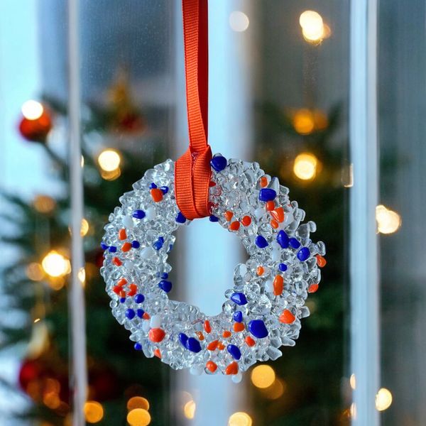 Fused glass wreath in Edmonton Oilers colours