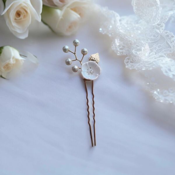 Decorative gold and white glass bridal hair pin or bride hair accessory