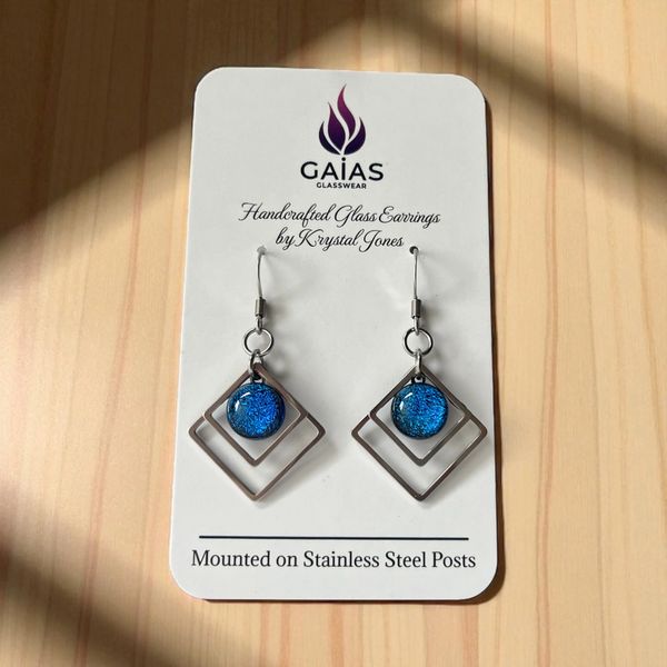 Blue square glass earrings