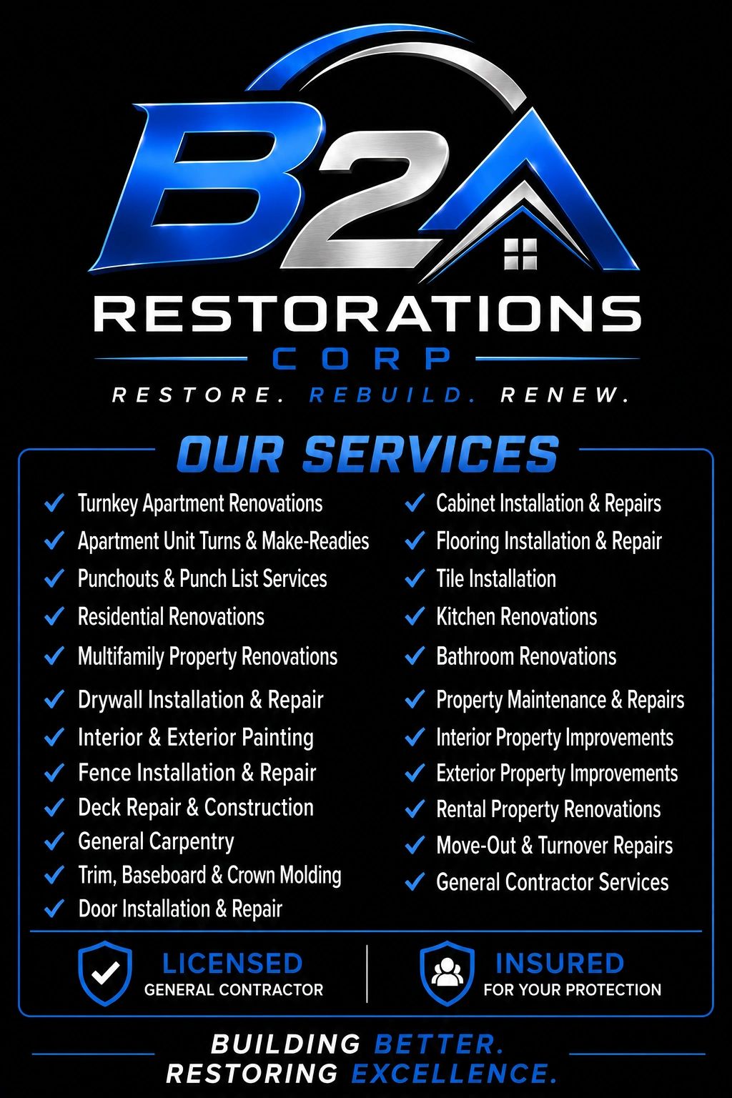 B2A Restorations Corp services listed with logo and licensing info.