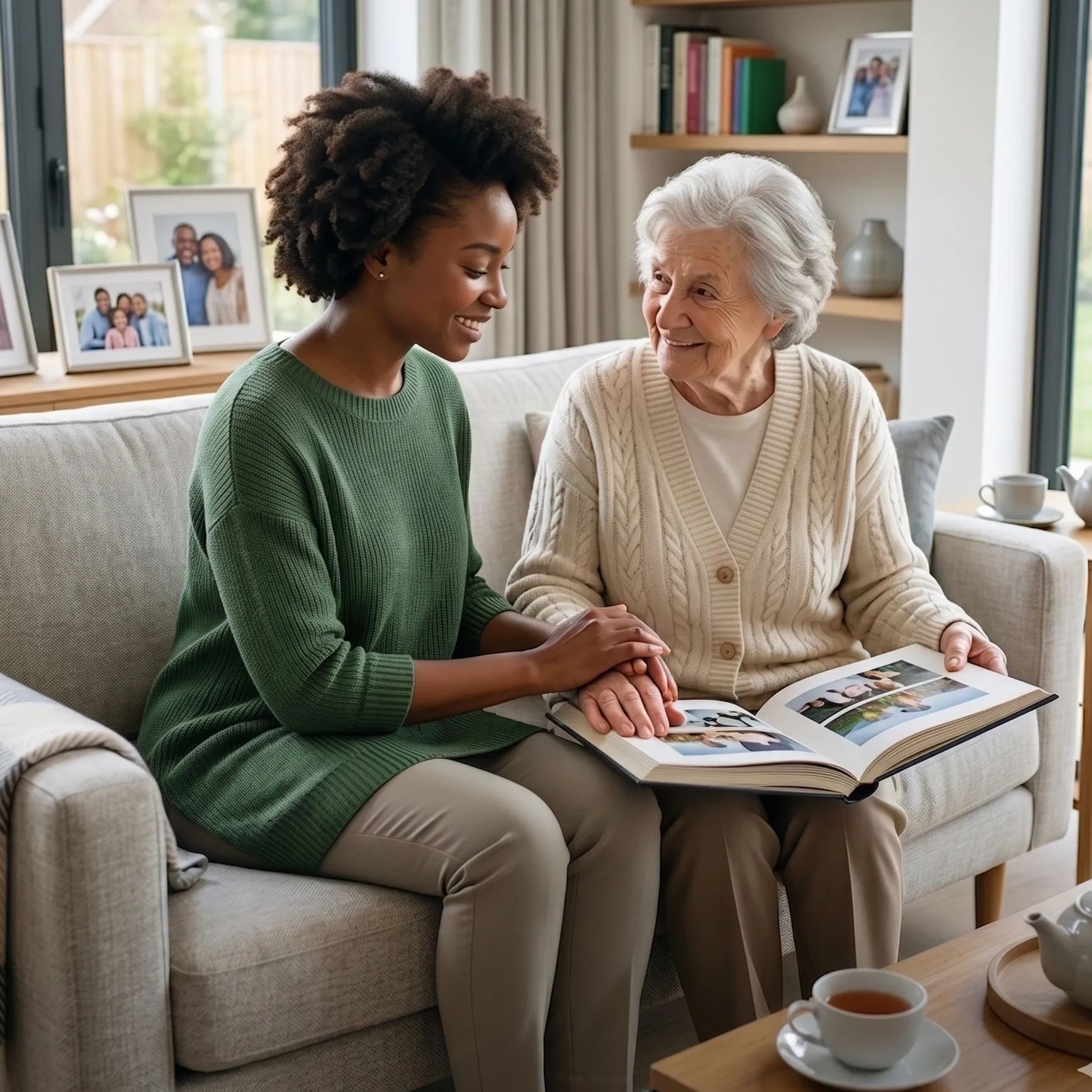 Two women sharing a warm moment looking at a photo album together.