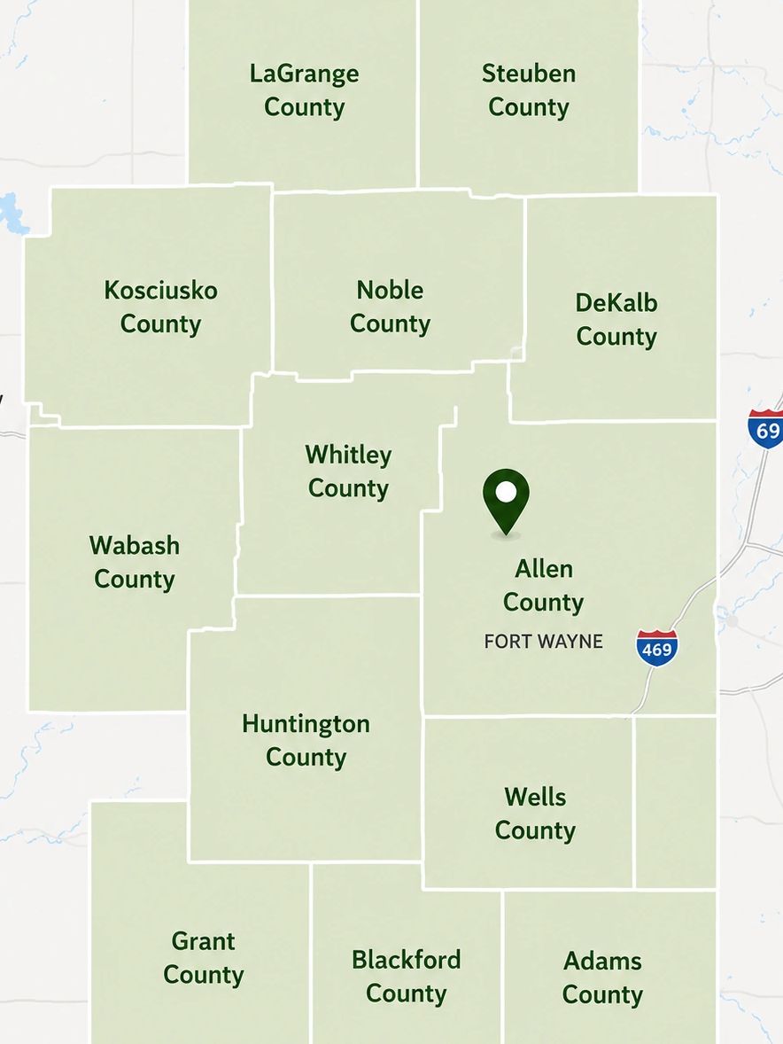 Map highlighting Allen County and its neighboring counties in Indiana.