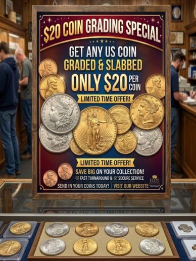 Advertisement for $20 US coin grading and slabbing service.