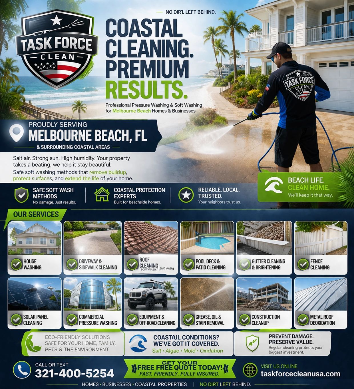 Professional pressure washing and soft washing services in Melbourne Beach, FL. Task Force Clean.