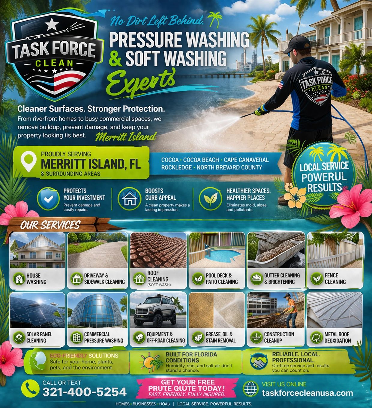 Professional pressure washing and soft washing services in Merritt Island, FL. Task Force Clean.