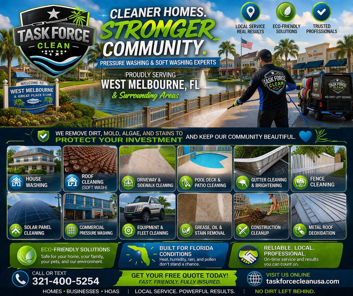 Professional pressure washing and soft washing services in West Melbourne, FL. Task Force Clean.