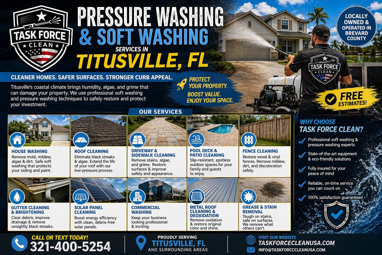 Professional pressure washing and soft washing services in Titusville, FL. Task Force Clean.