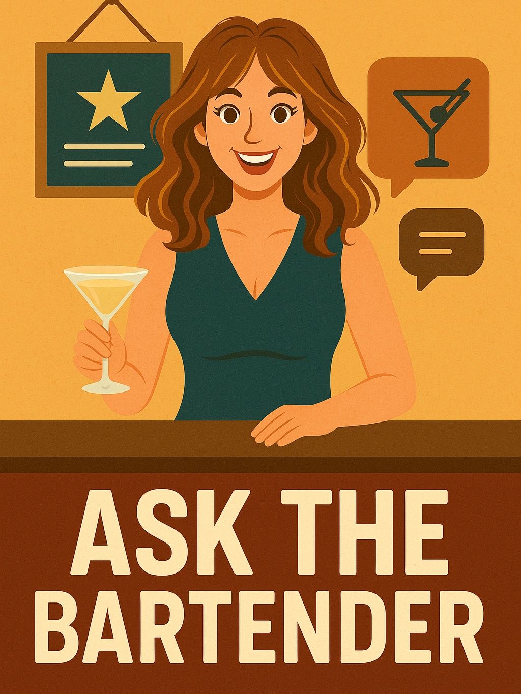Illustration of a smiling female bartender holding a cocktail with 'Ask the Bartender' text.