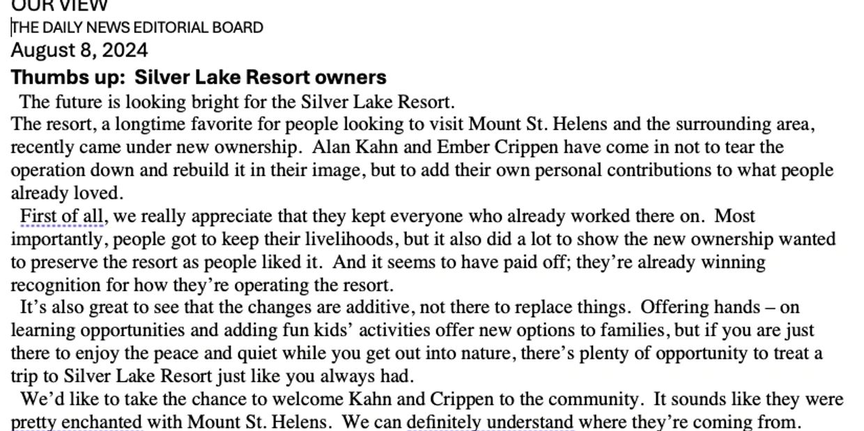 The Daily News Editorial Board gave Silver Lake Resort a Thumbs Up in their Editorial Pages.