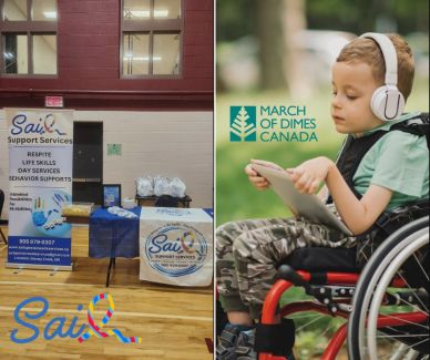 Support services booth and a child in a wheelchair listening with headphones.