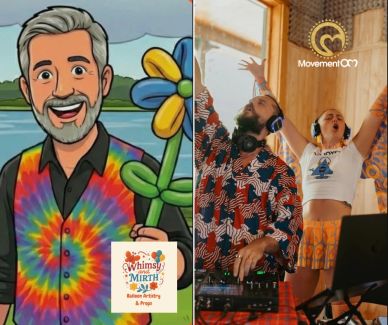 Two image panels: cartoon man with flower and live DJ event.