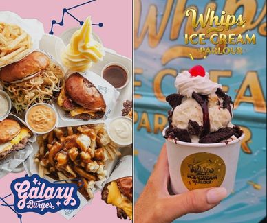 Delicious Galaxy Burgers meal and Whips Ice Cream sundae.