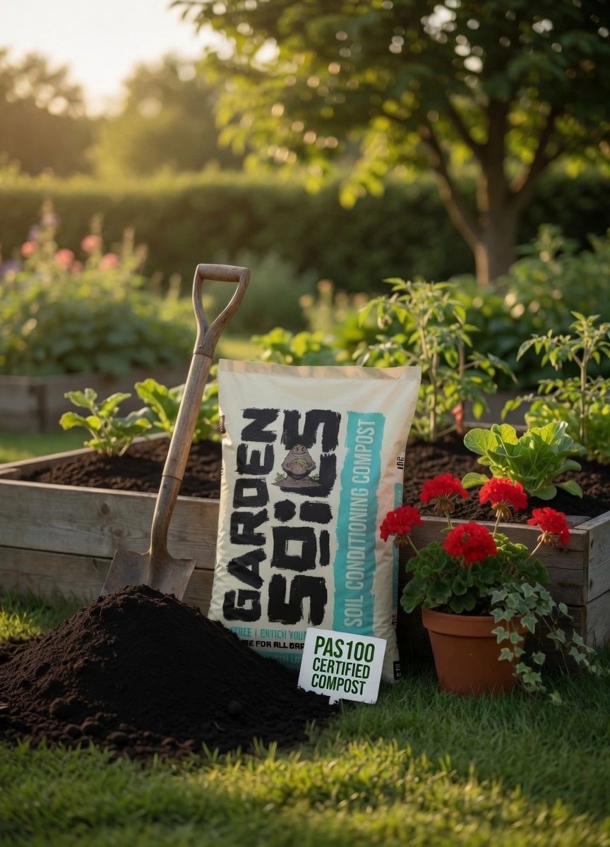 A gardening setup with soil, compost, a shovel, and flowering plants in raised beds.