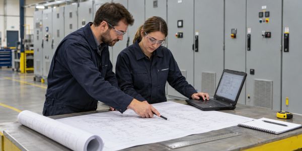 Two persons looking over electrical drawing