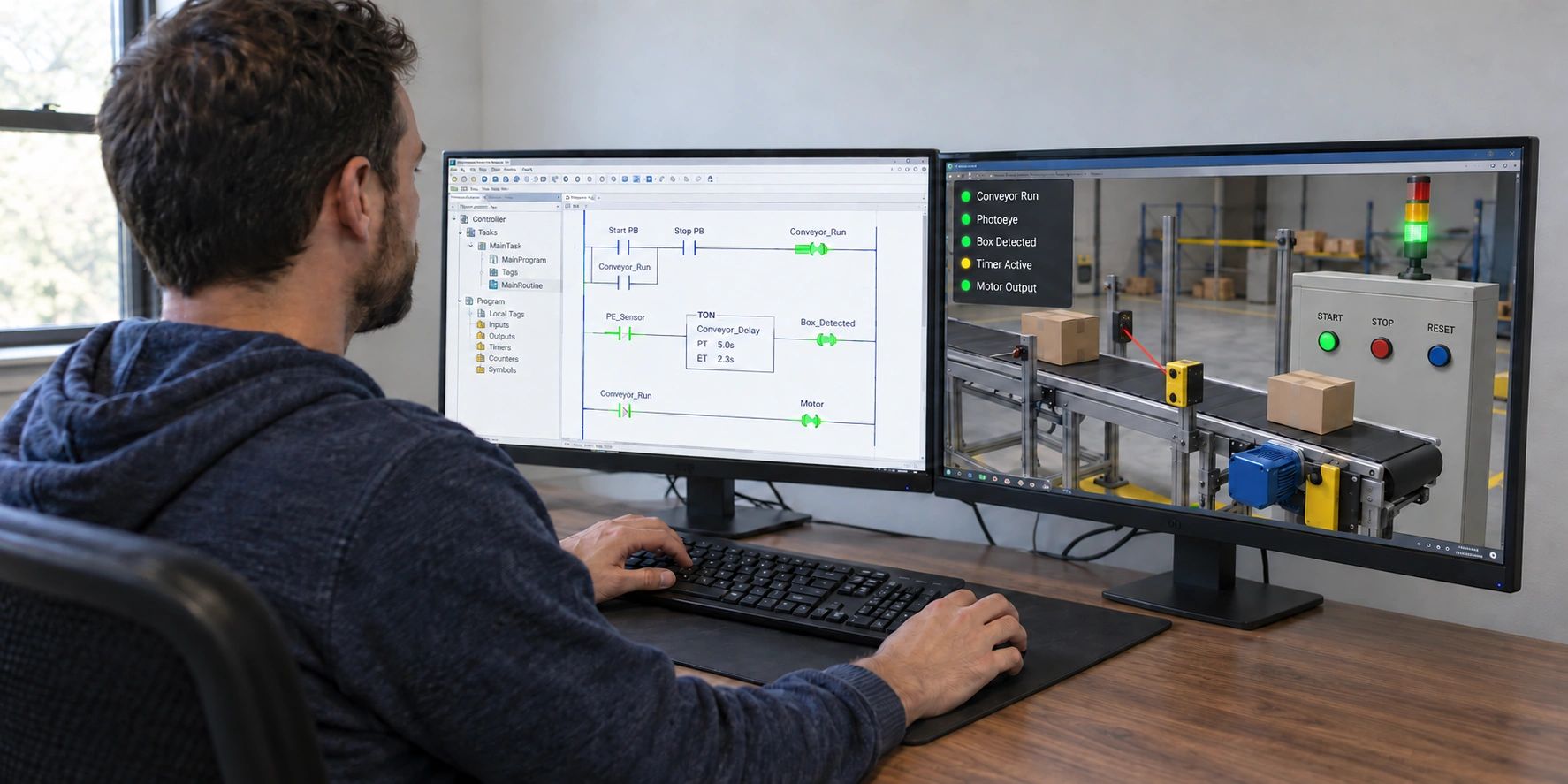Student programming ladder logic while controlling a virtual conveyor training system.