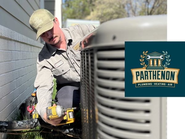 Technician repairing an outdoor HVAC unit with Parthenon logo.