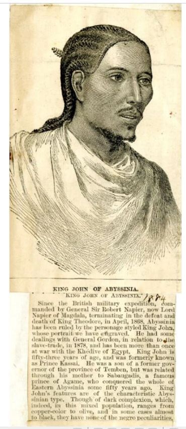 Portrait of King John of Abyssinia from 1884 with detailed text.
