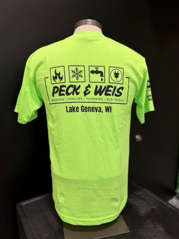 Bright green service t-shirt for Peck &amp; Weis in Lake Geneva, WI.