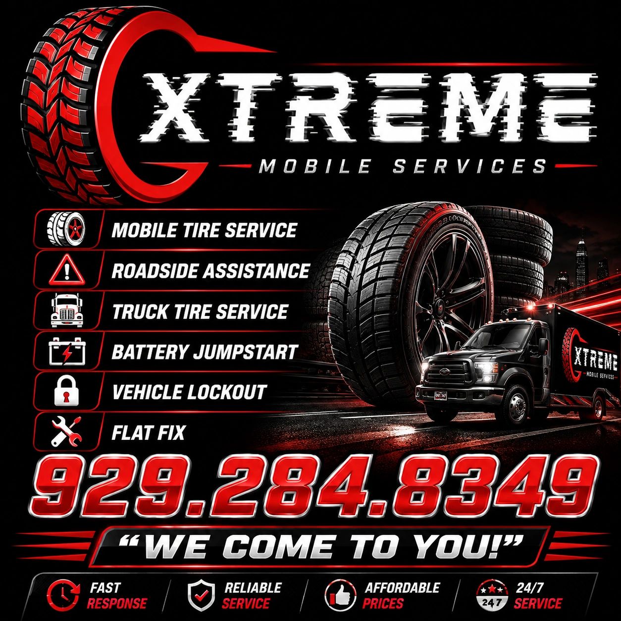 Xtreme Mobile Services offers tire and roadside help with 24/7 service.