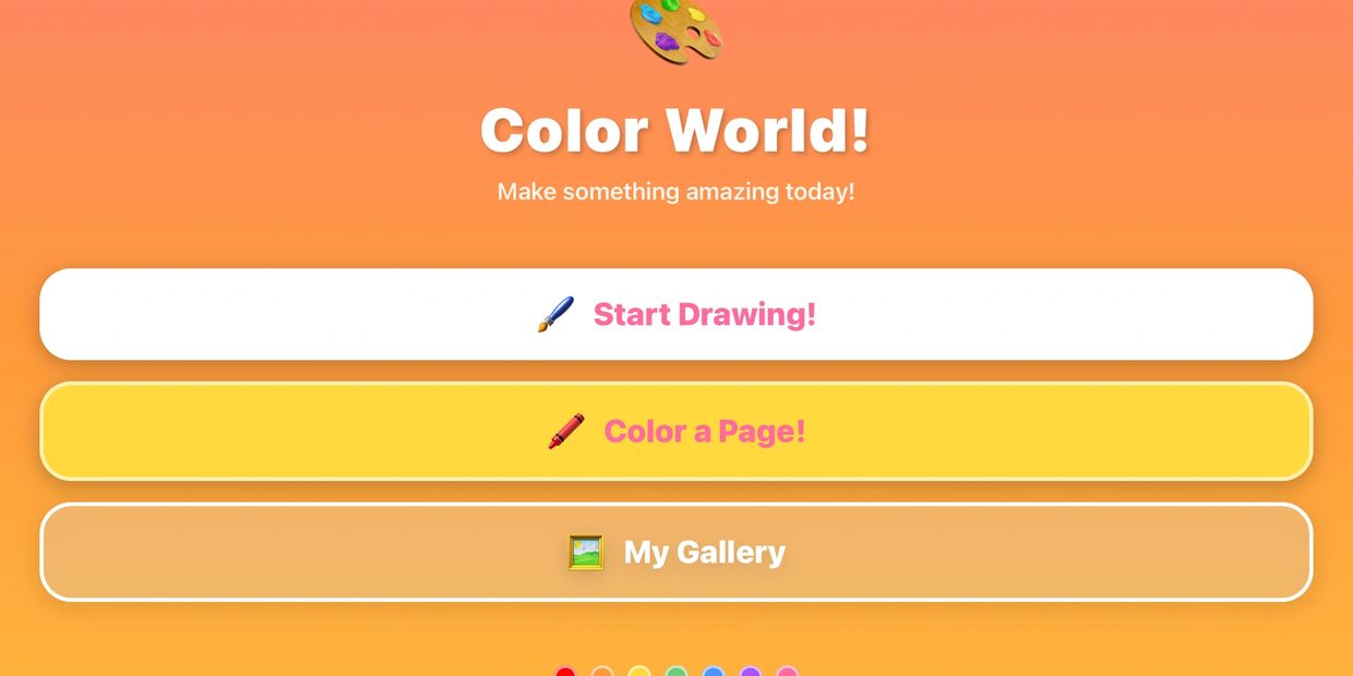 Color World app interface with options to start drawing, color a page, and view gallery.