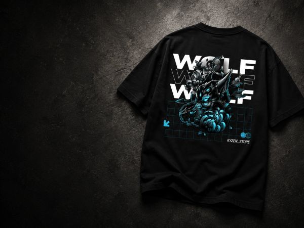 Black T-shirt featuring an artistic blue wolf design and bold text.