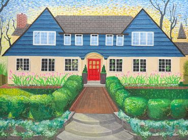 Charming house with blue roof and red door surrounded by lush garden.