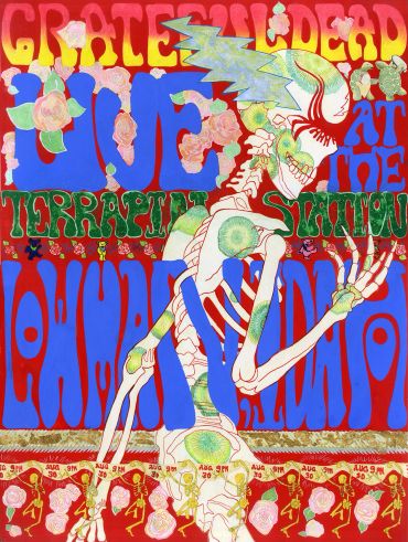 Colorful psychedelic poster featuring a skeleton and Grateful Dead concert details.
