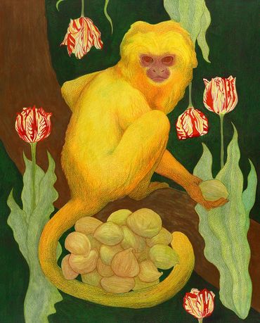 Yellow monkey surrounded by red and white tulips in a painting.