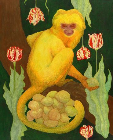 A yellow monkey surrounded by red and white tulips with a pile of nuts.