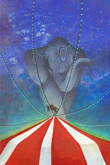 Surreal painting of an elephant under a starry sky with a circus tent roof.