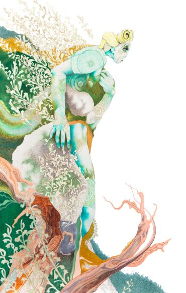 Surreal figure blending with nature in a flowing, organic design.