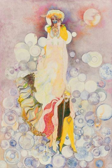 Surreal figures enveloped in flowing robes amidst ethereal bubbles under a glowing sun.