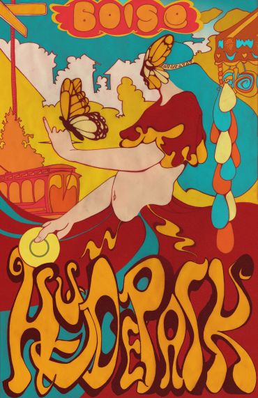 Colorful psychedelic poster featuring a woman, butterflies, and the words Hyde Park Boise.