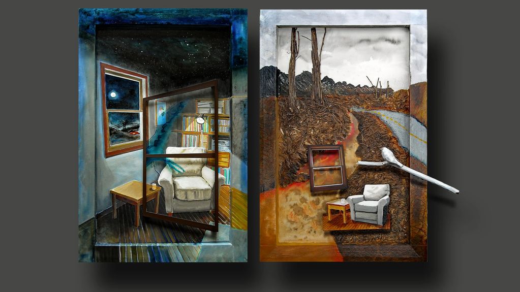 Line of Power: acrylic paint on wood panel, 20” x 30”
View from Home: acrylic paint, twigs, encausti
